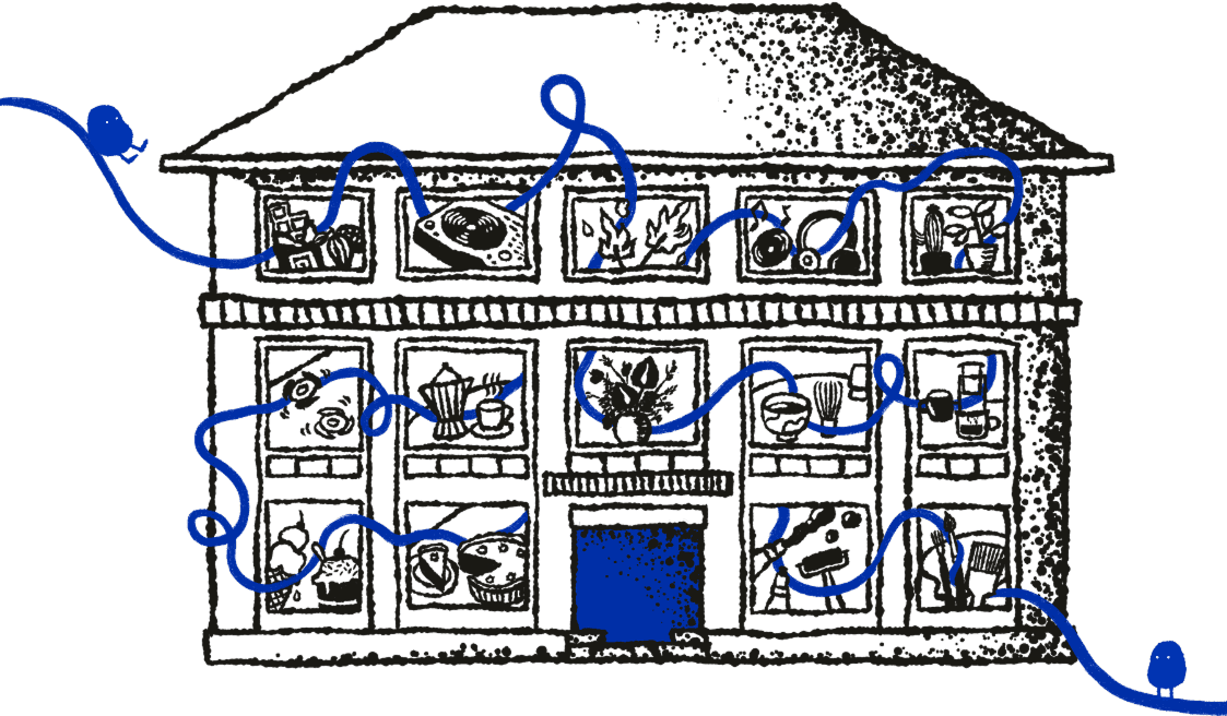 Hand-drawn illustration of The Foundry, its windows filled with festival icons and threaded together by a winding blue line